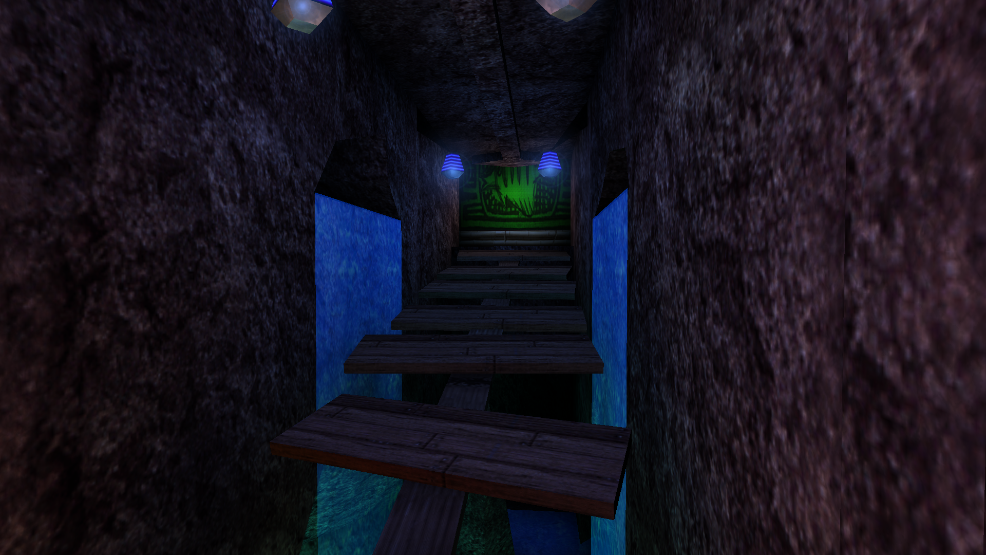A picture of an improvised wooden bridge over some stalagmites in a partially flooded cave.