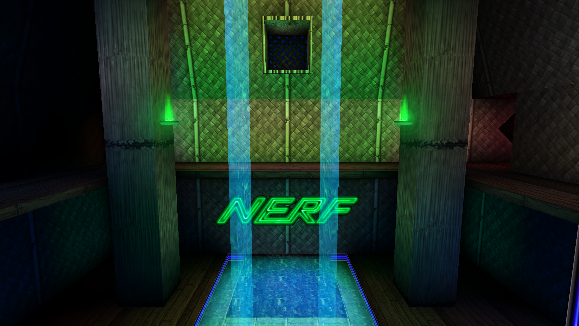 A picture of two waterfalls in a room with a flooded passage on the floor.